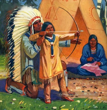 homme amérindien enseignement fils à utiliser arc et flèche coursier indienne Peinture à l'huile